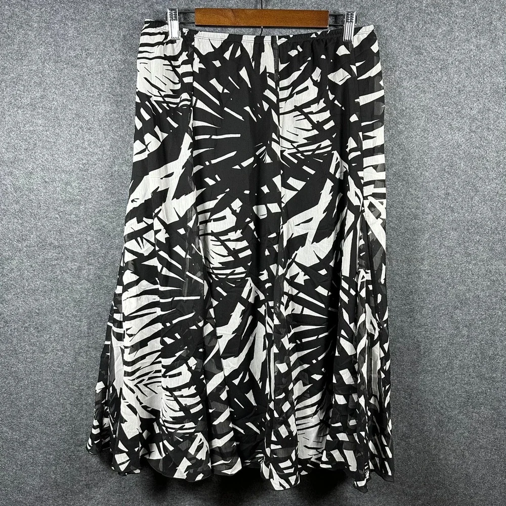 Ruby Rd Petite Black White‎ Palm Leaf Print Midi Skirt 12P NWT Chiffon 32721